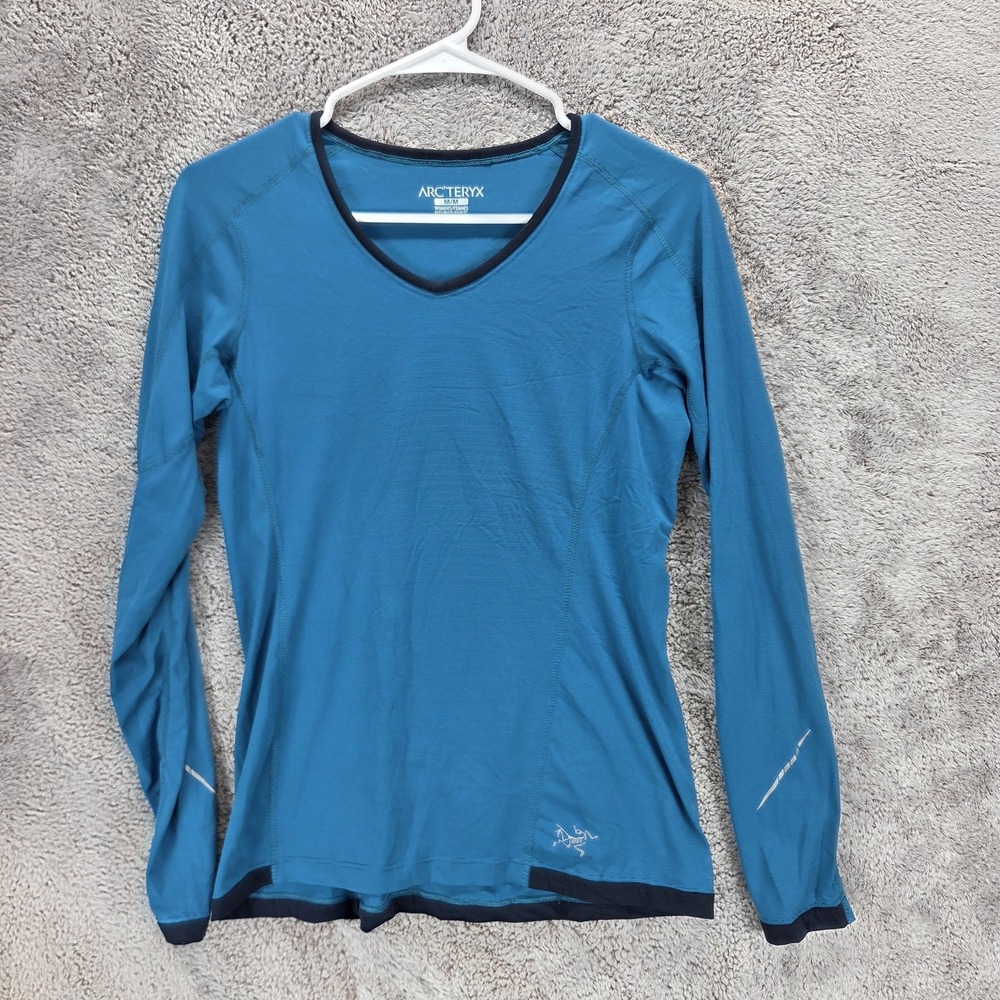 Arc'teryx Shirt Womens Medium Blue Long Sleeve V Neck Base Layer Hiking Running